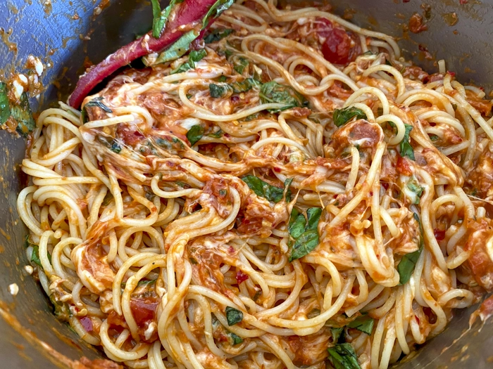 mixed ingredients for spicy spaghetti pie