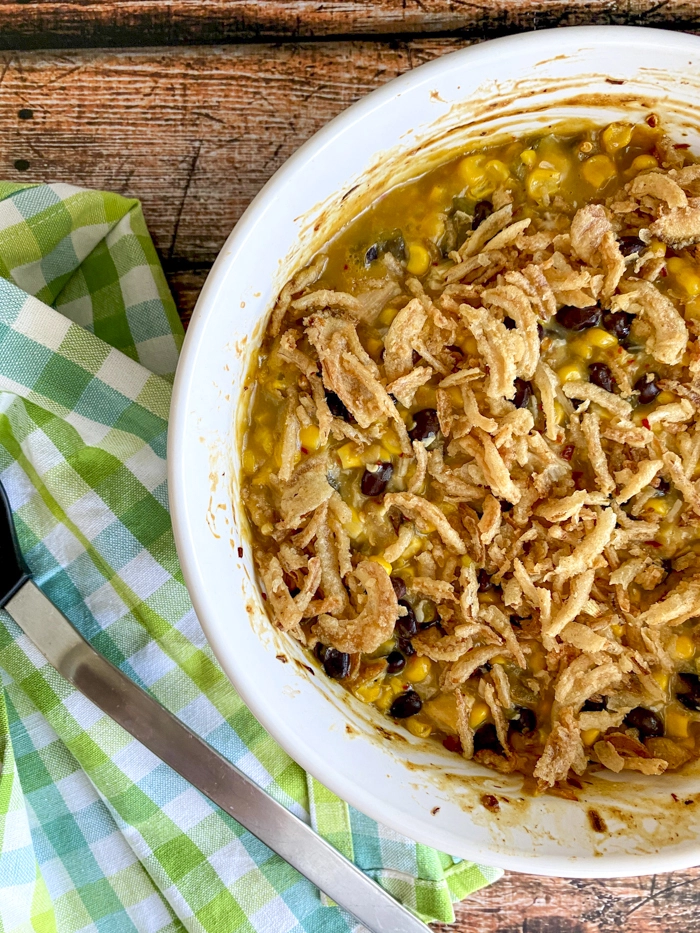 chicken corn casserole in baking dish