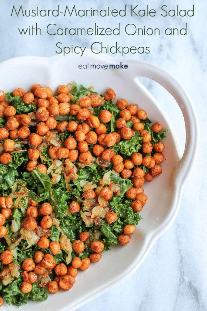 Mustard-Marinated Kale Salad with caramelized onion and spicy chickpeas
