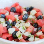 A bowl of fruit salad, with Watermelon