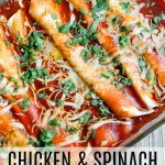 chicken and spinach enchiladas in baking dish