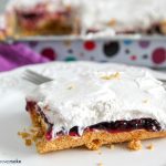 A close up of a piece of cake on a plate, with Blackberry and Cream