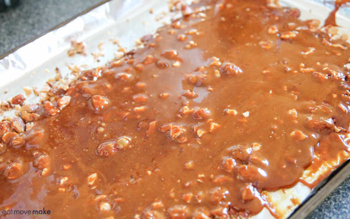 pour hot toffee over almonds