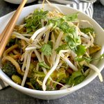 closeup of japanese pan noodles with chopsticks
