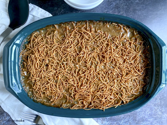 mock chow mein casserole in dish after baking