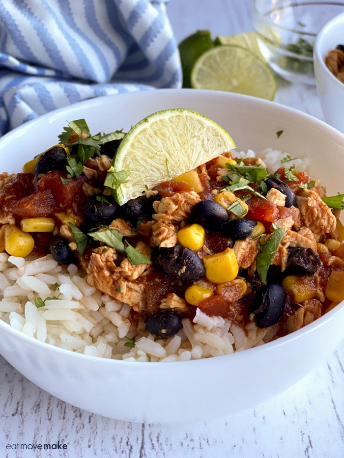 close-up of chicken chili in white bowl