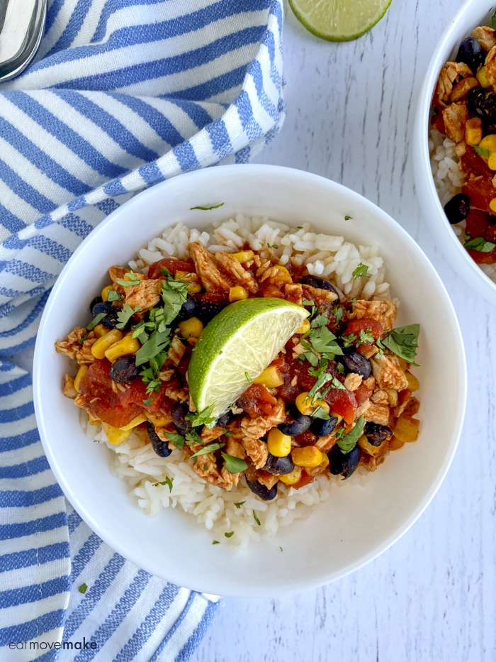 overhead pic of chicken chili rice bowls