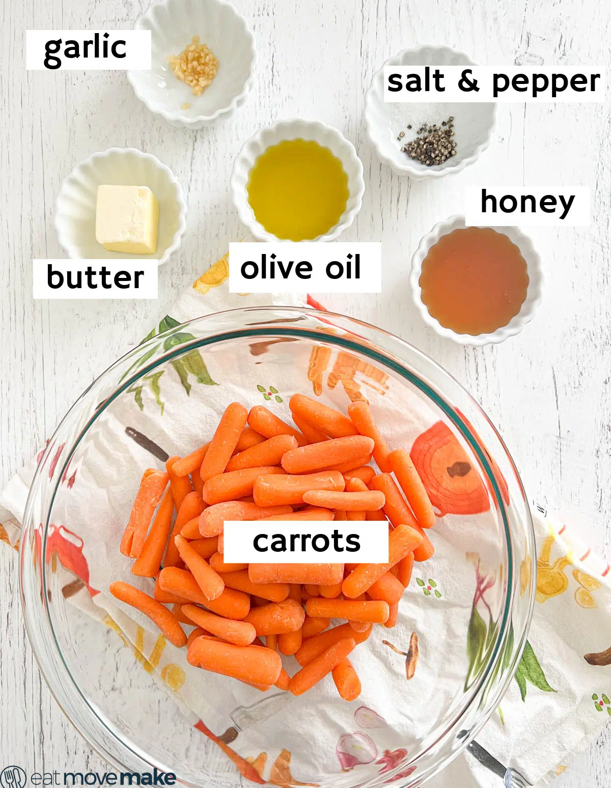 labeled ingredients for roasted carrots with honey