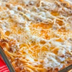 baking dish with spaghetti casserole.