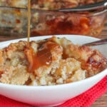 caramel drizzling onto bowl of snickerdoodle cobbler.